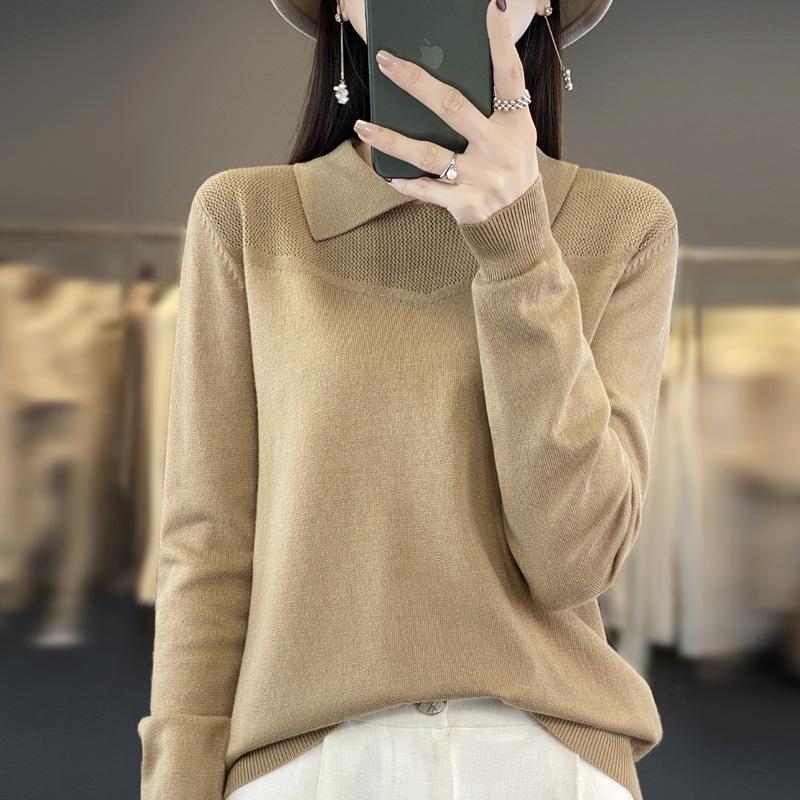 GMXIA Autumn and Winter Knitted Sweater, Women's POLO Neck Solid Color Long-sleeved Sweater, Loose Solid Color Knitted Base Layer