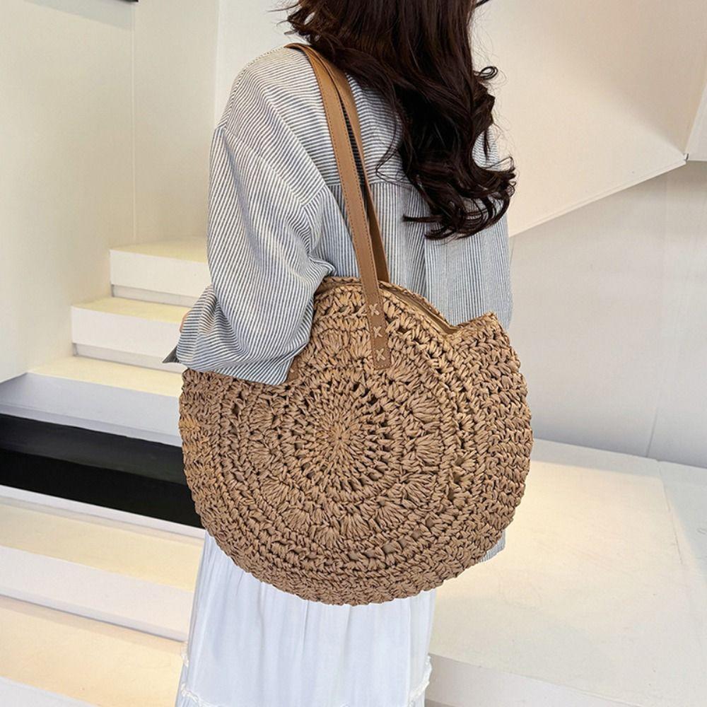 Handmade Straw Weave Bag Round Woven Shoulder Bag New Straw Tote Bag  Vacation