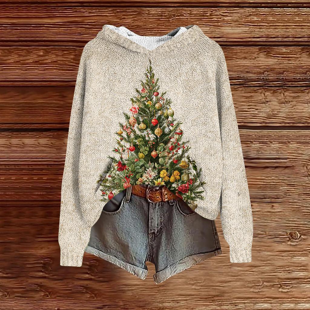 Women's Fashion Casual Long Sleeve Christmas Print Hooded Knitted Sweatshirt