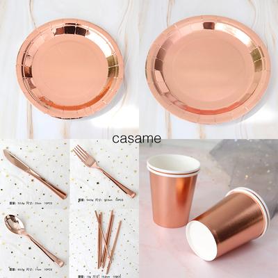 Conjunto de talheres descartáveis para festa em ouro rosa, prato de papel, copo, crianças, adultos, aniversário, casamento, despedida de solteira, decoração, chá de bebê