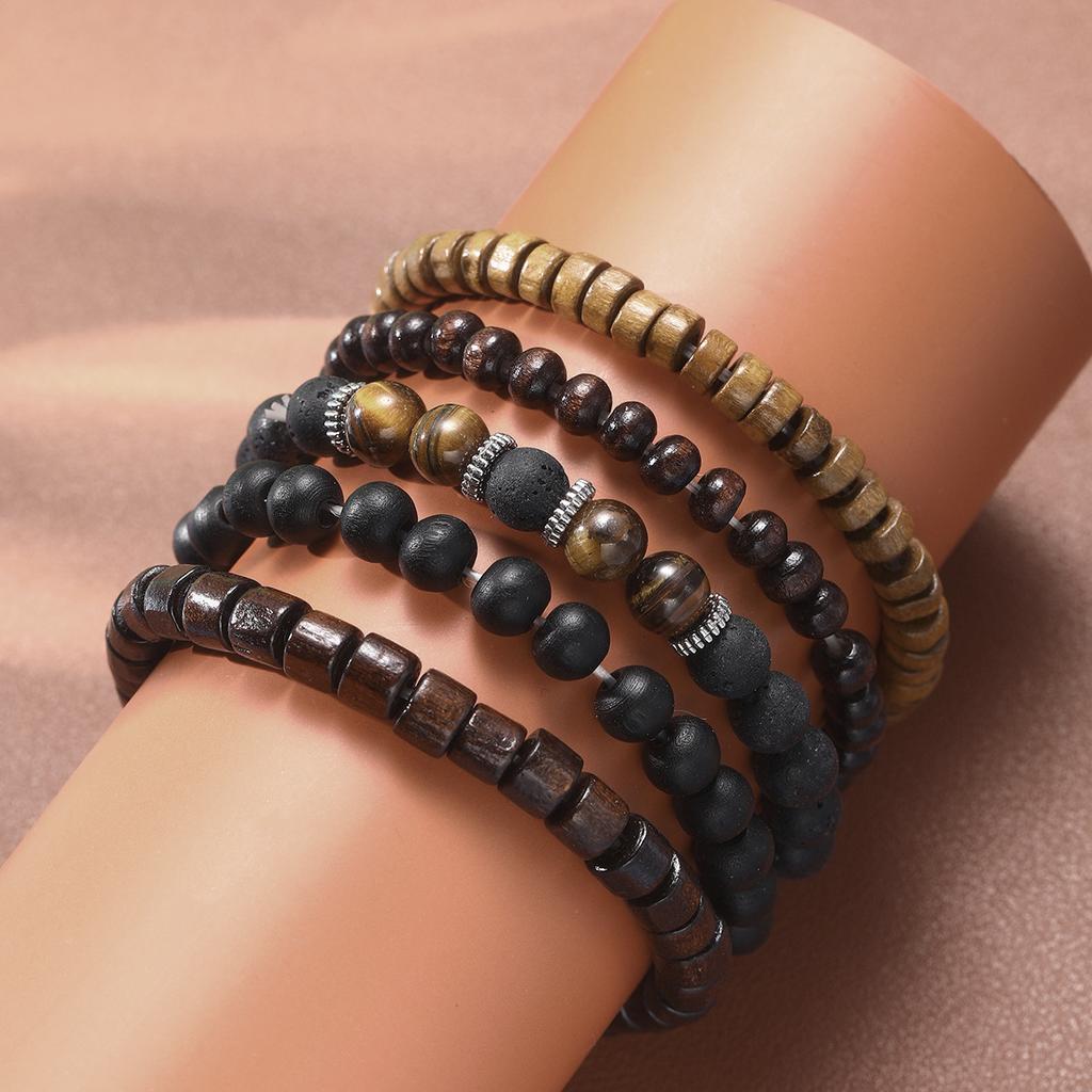 5Pcs/Set Black Gall Stone Volcanic Stone Wood Beads Multi-layer Men's Combination Elastic Bracelet For Couple Friends Jewelry