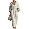2026 French Linen V-neck Shirt Dress, Drawstring, Waist-Cinching, Loose Long Slit Dress, 20% Linen