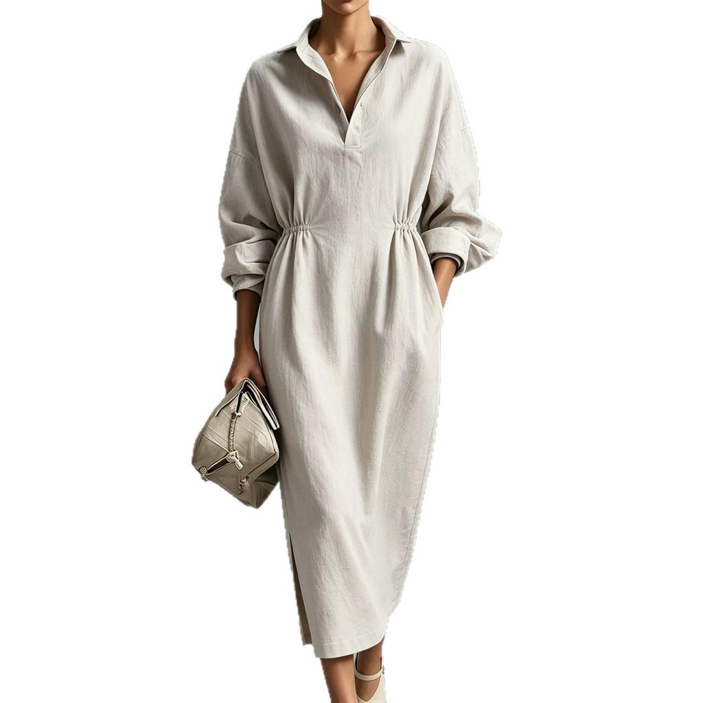 2026 French Linen V-neck Shirt Dress, Drawstring, Waist-Cinching, Loose Long Slit Dress, 20% Linen