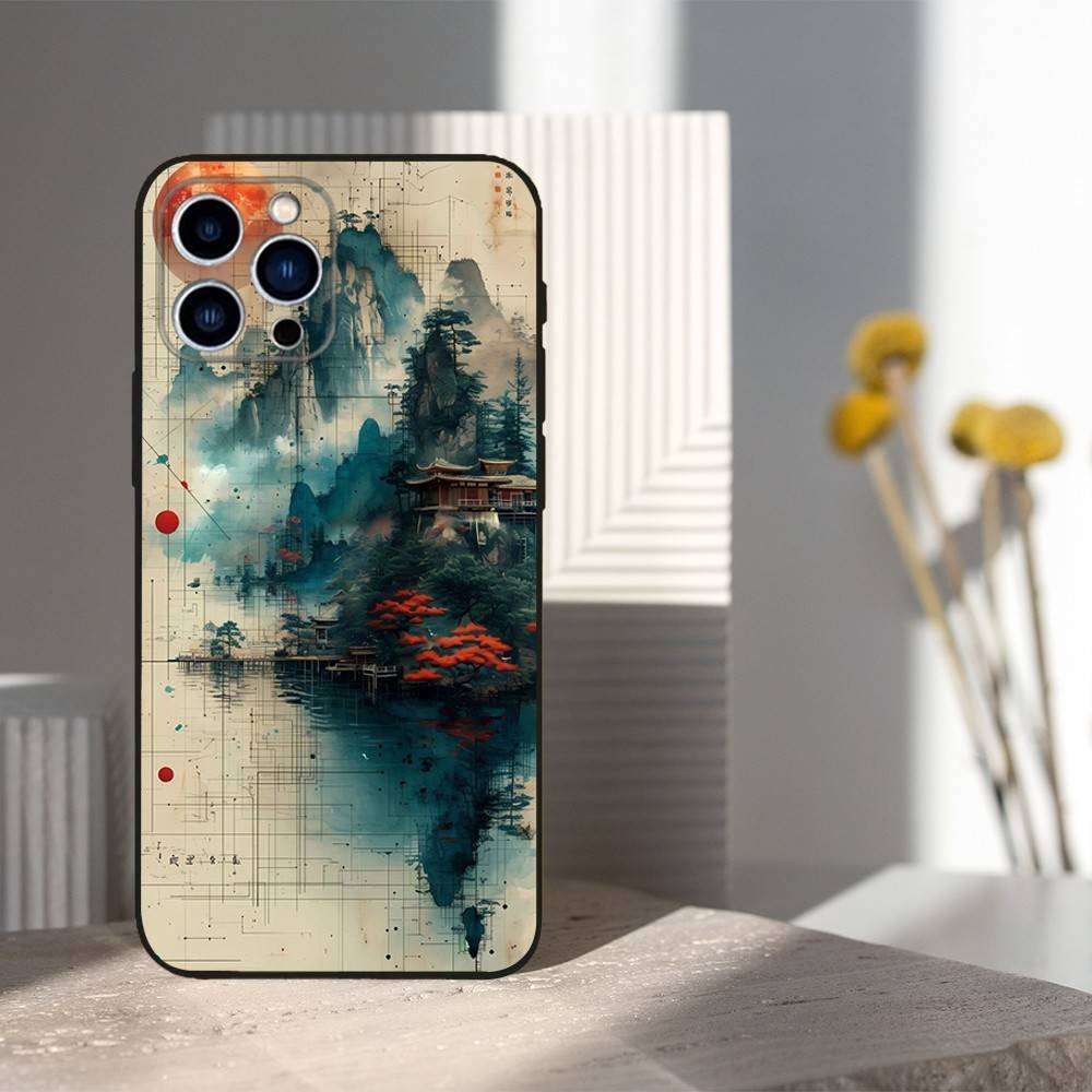 Japanischer Kunststil Hülle Für iPhone 11,12,15,14,13,16,17,Plus,Pro Max,XS,X,XR,SE,Mini,8,7,Weiches Silikon Schwarz
