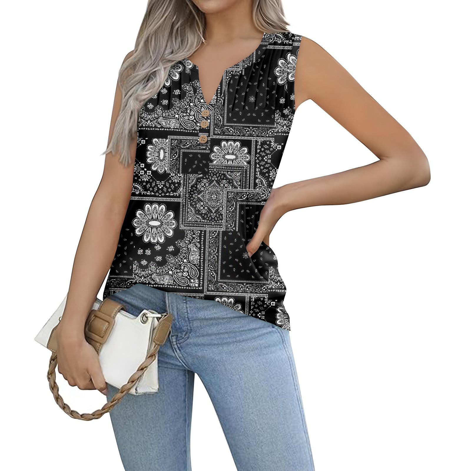 

Женская майка для девочек с цветными принтами Повседневный топ Майки для женщин Свободный крой Топы без рукавов Струящиеся L чёрный