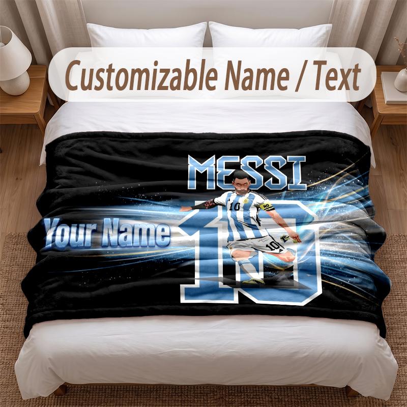 Lionel Messi Printed Flannel Blanket Custom Name Text Soft Warm Throw For Bedroom Holiday Gift