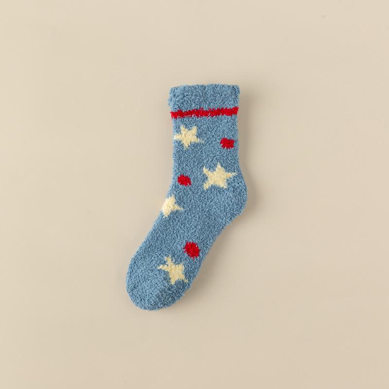 Cute Coral Fleece Socks Female Stars Cartoon Half Fleece Thickened Warm Home Floor Socks Medium Tube Confinement Women'S Socks