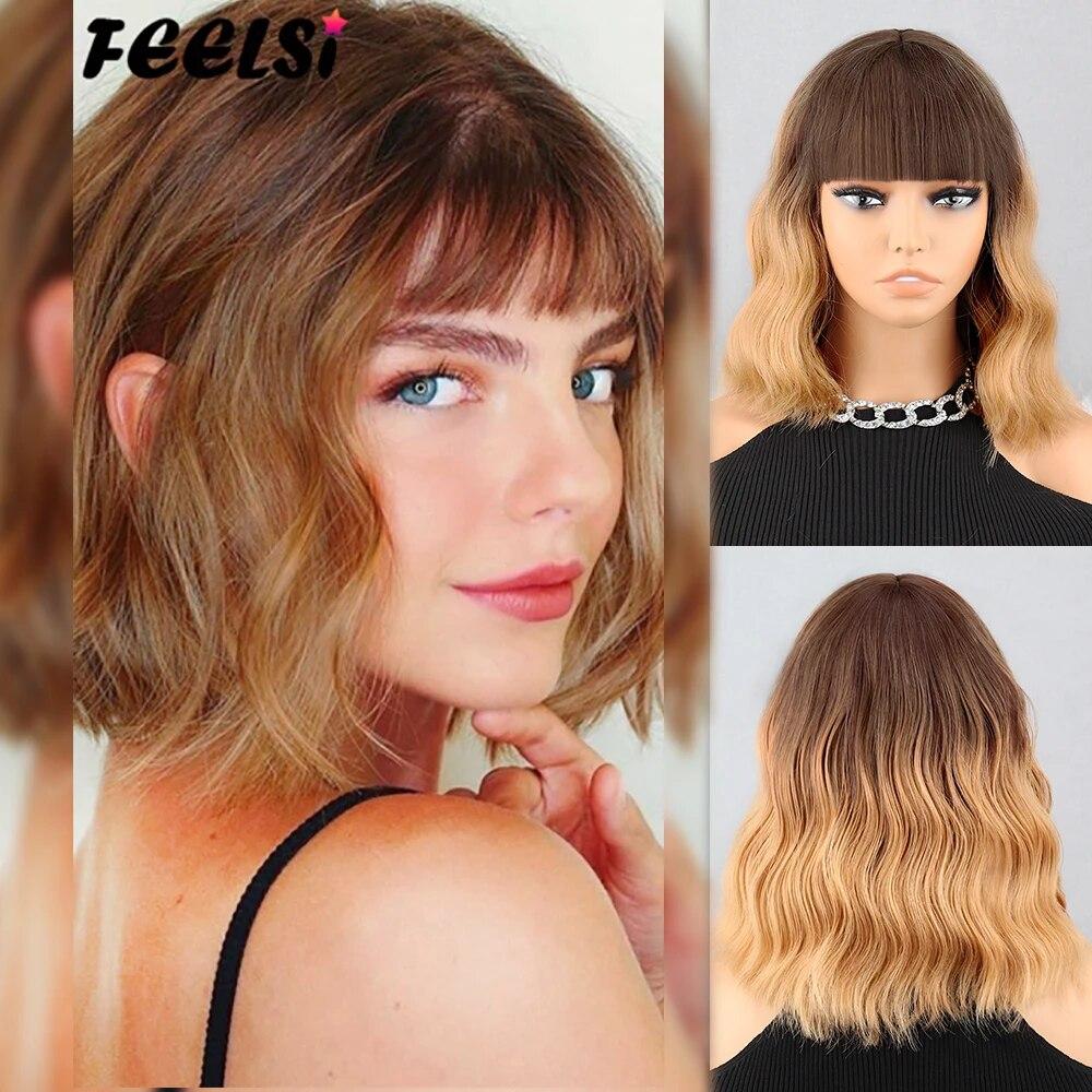 XINRAN Peruca curta bob marrom azul escuro sintética feminina franja azul escuro rosa preto peruca lolita festa cosplay uso diário cabelo natural