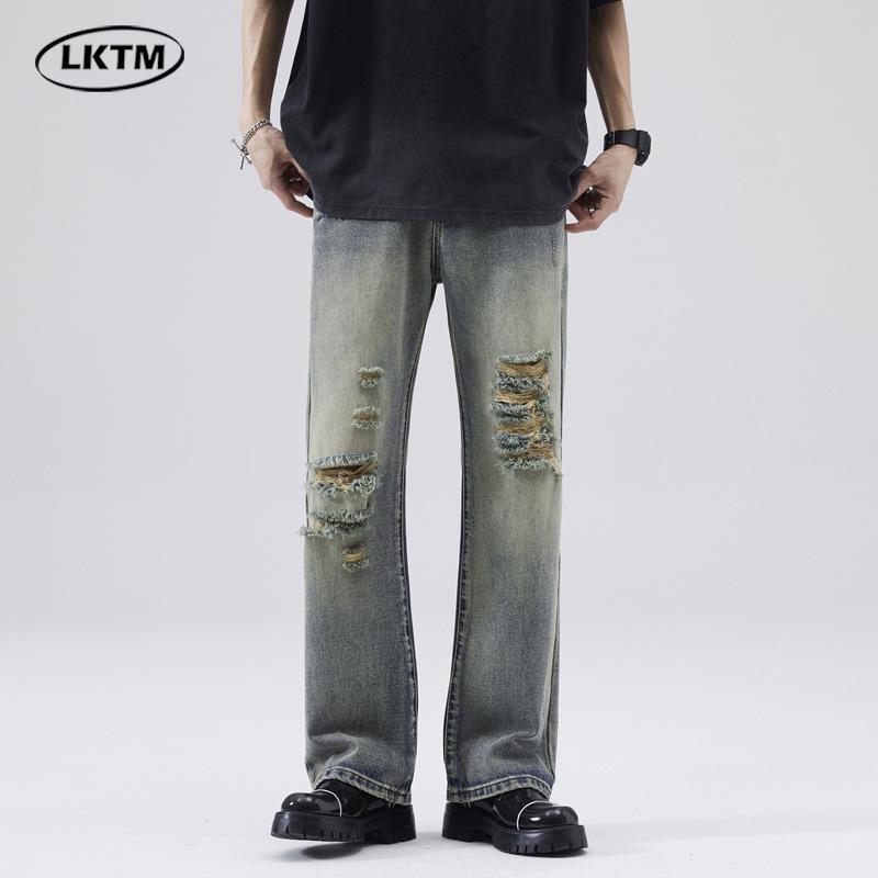 

LKTM Men s Ripped Micro-Flare Summer Jeans - American Retro Trend, Washed, Loose, Versatile, Floor-Length. L (125-140 lbs)