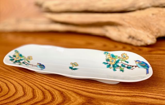 Hyakukaen Kutani [Grilled Fish Plate, Porcelain] Gold Plum Blossom and Bird Design [Back Picture]