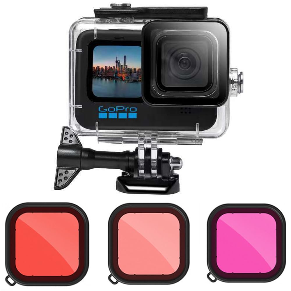 

Kiowon Diving Housing for GoPro 12 11 10 9 Compatible with GoPro HERO12 HERO11 HERO10 HERO9 50m Waterproof Case 3 Types of Lens Filters Magenta