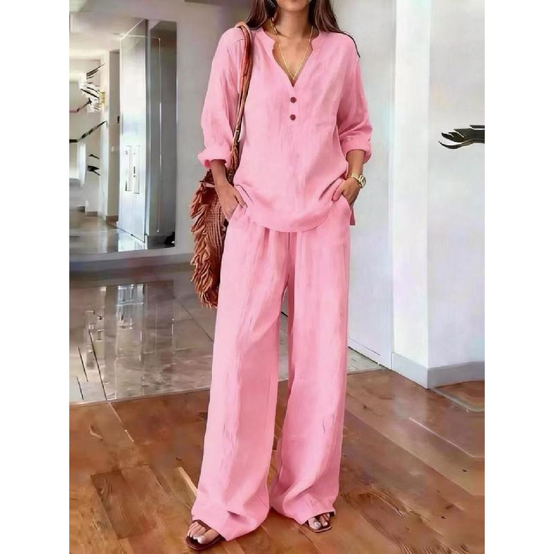 2026 New Women's Suit V-neck Long Sleeve Long Pants Solid Color Loose Casual Two-piece Set
