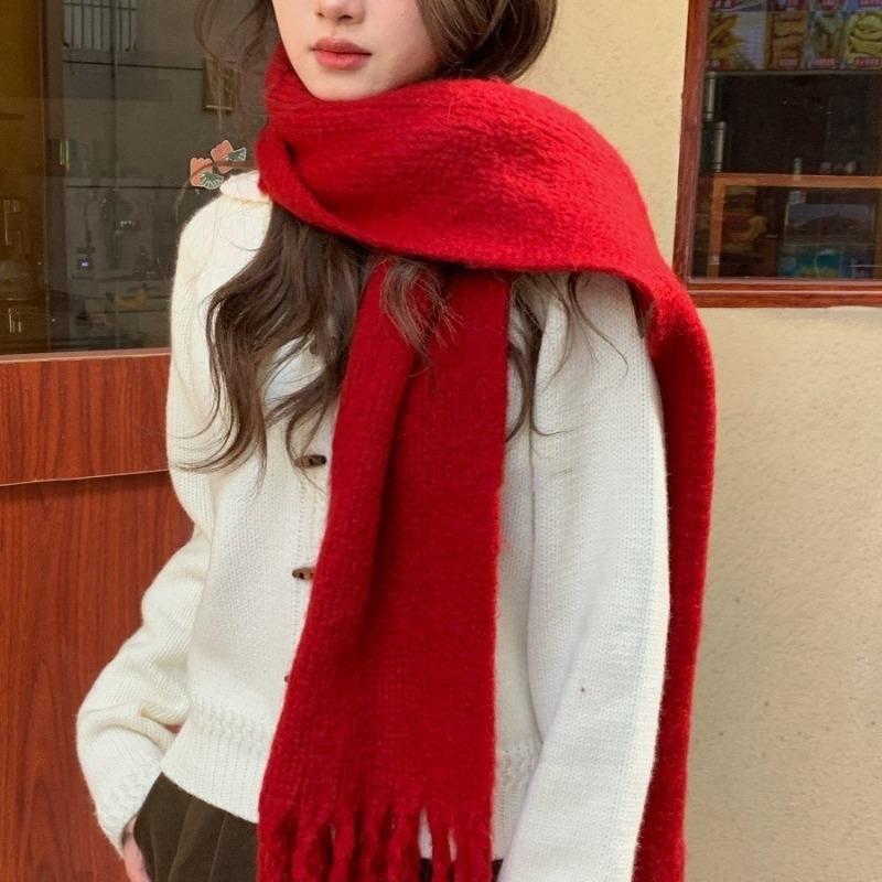 New Christmas red scarf women's winter warmth thickened imitation cashmere solid color knitted fringed scarf shawl student