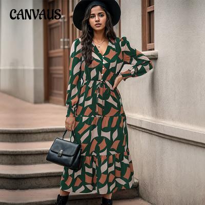 Autumn Women's Dress Long Sleeve Printed V-Neck Dresses Mid-Length Dress