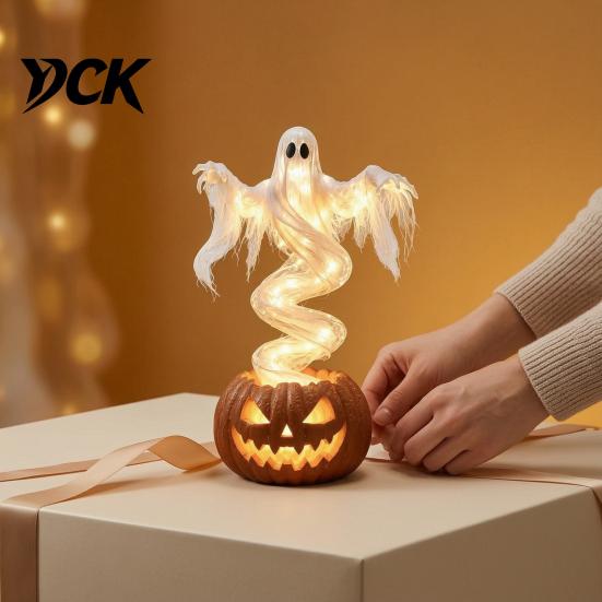 Halloween Ghost Pumpkin Decorations Yard Lamp, Resin Figurine with Warm LED Light, Small Figurines for Party Spooky Swirling On Base, Tabletop
