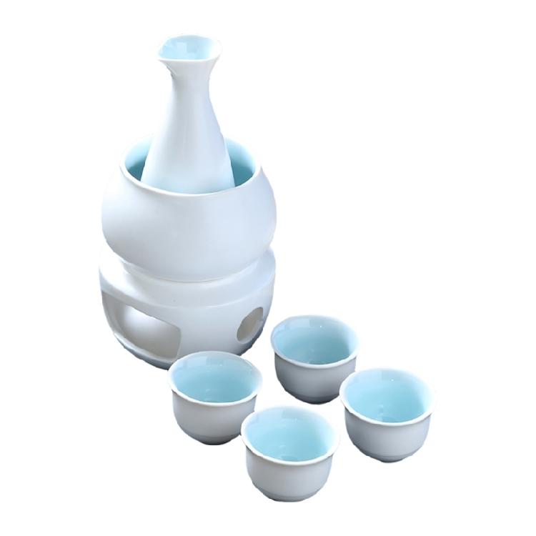 Japanese Drinking Set Contains Heat Resistant Sake Carafe Bottle 4 Cups Warmer Candle Stove Birthday Housewarmings Gift