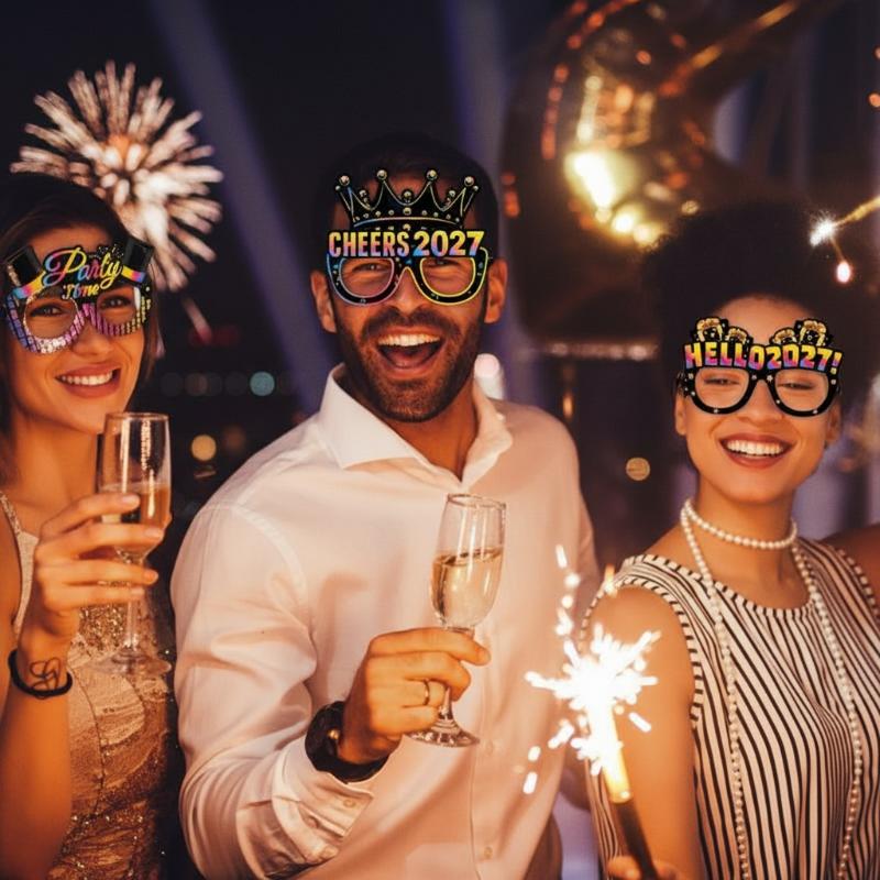 8/16pcs 2027 Happy New Year Party Paper Glasses Black Gold Glitter For New Years Eve Gatherings Photo Booth Props