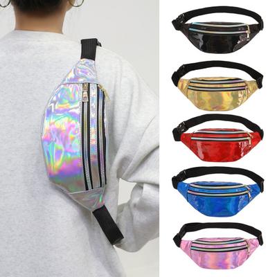 Iridescent Waist Bag Glitter Belt Bag Waterproof Fanny Pack Artificial Leather Bum Bag with 3 Pockets for Travel Party Beach Music Festival