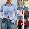 Women's Blue White Striped Button Down Shirt Long Sleeve Bell Sleeve Crop Top Casual Blouse