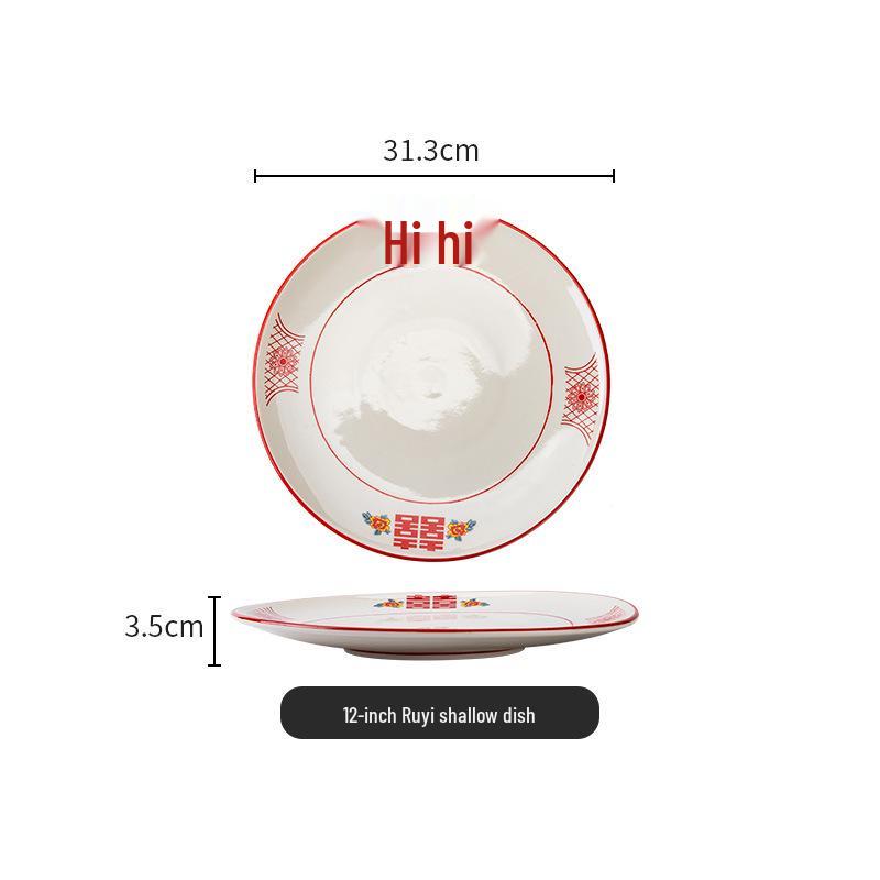 Set di Piatto Rotondo Rosso Ceramica Retrò Doppia Felicità - Piatto Basso, Piatto Piatto, Piatto per Hot Pot, Piatto per Carne, Piatto per Salsa e Piatto per Pesce per Tavola da Ristorante.