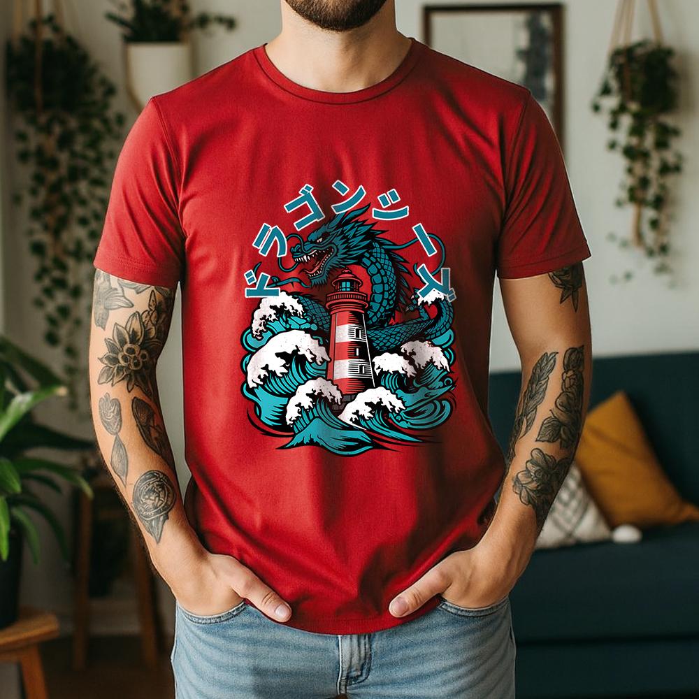 2026 Summer Unisexs Japanese Dragon Lighthouse Graphic Oversize Tee 100 Cotton UkiyoE Short Sleeve