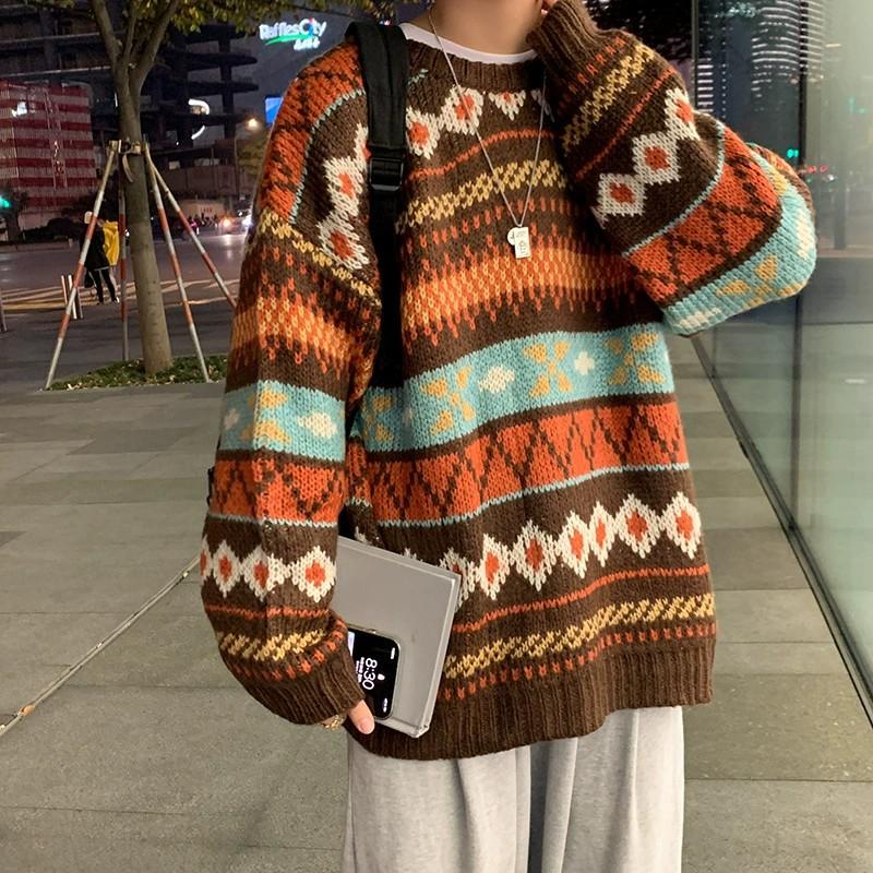 Men's New Style Jacquard Sweater for Autumn and Winter Vintage Japanese-style Crewneck Warm Loose Couples' Knitted Top