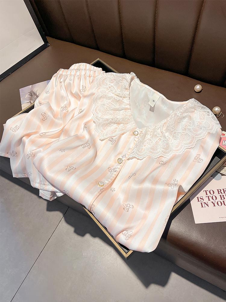 

Women s Short-Sleeve Striped Cartoon Mulberry Silk Pajama Set L рожевий