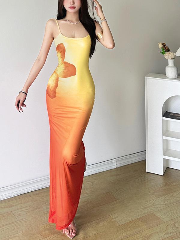 Floral Print Women's Bodycon Mermaid Party Dress with Thin Straps