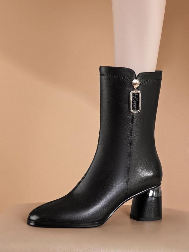 Fashion Black Fleece-Lined Half High Boots for Women Autumn Winter Comfortable and Elegant Boot Waterproof Y2k Work Mid Calf Shoes Woman