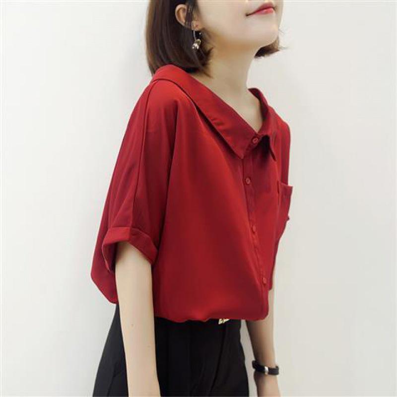 

2022 Summer Women s Chiffon Short Sleeve Top - Korean Style with Peter Pan Collar Small красный
