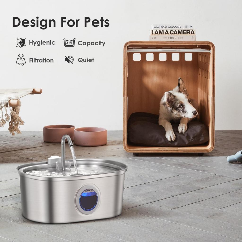3.2L stainless steel cat water dispenser window has water level which can be observed suitable for many cats and dogs