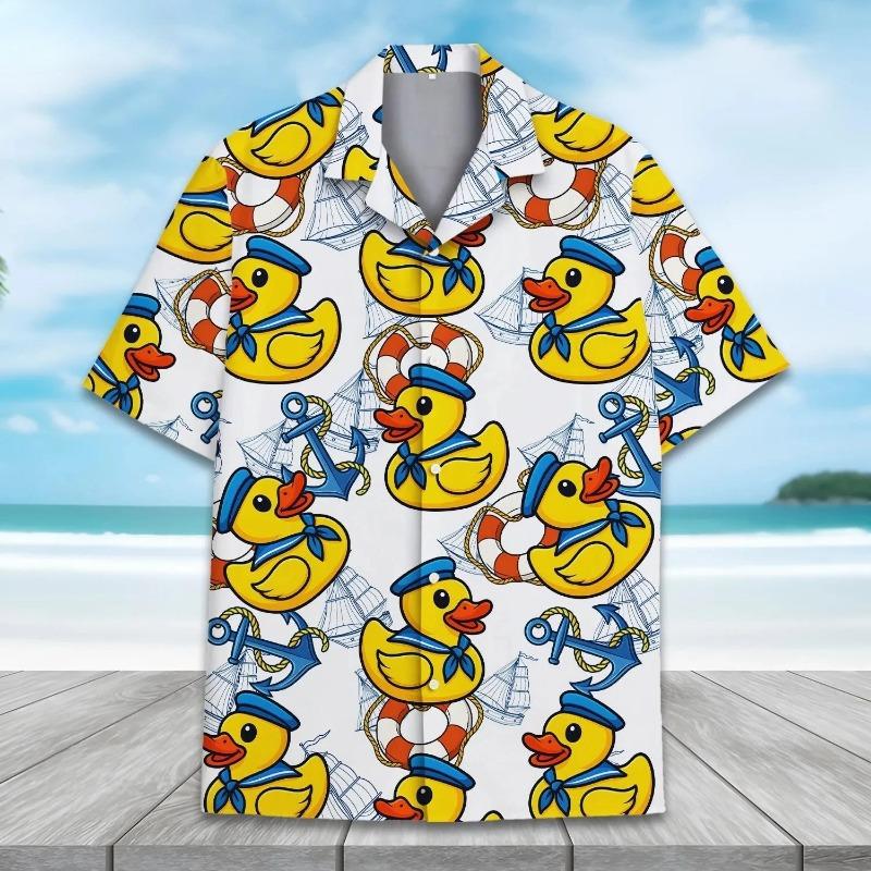 Summer Fun Duck Pattern Hawaiian Men's Shirt - Yellow Duck 3D Print - Casual Buttoned Shirt - Quick-Dry and Breathable