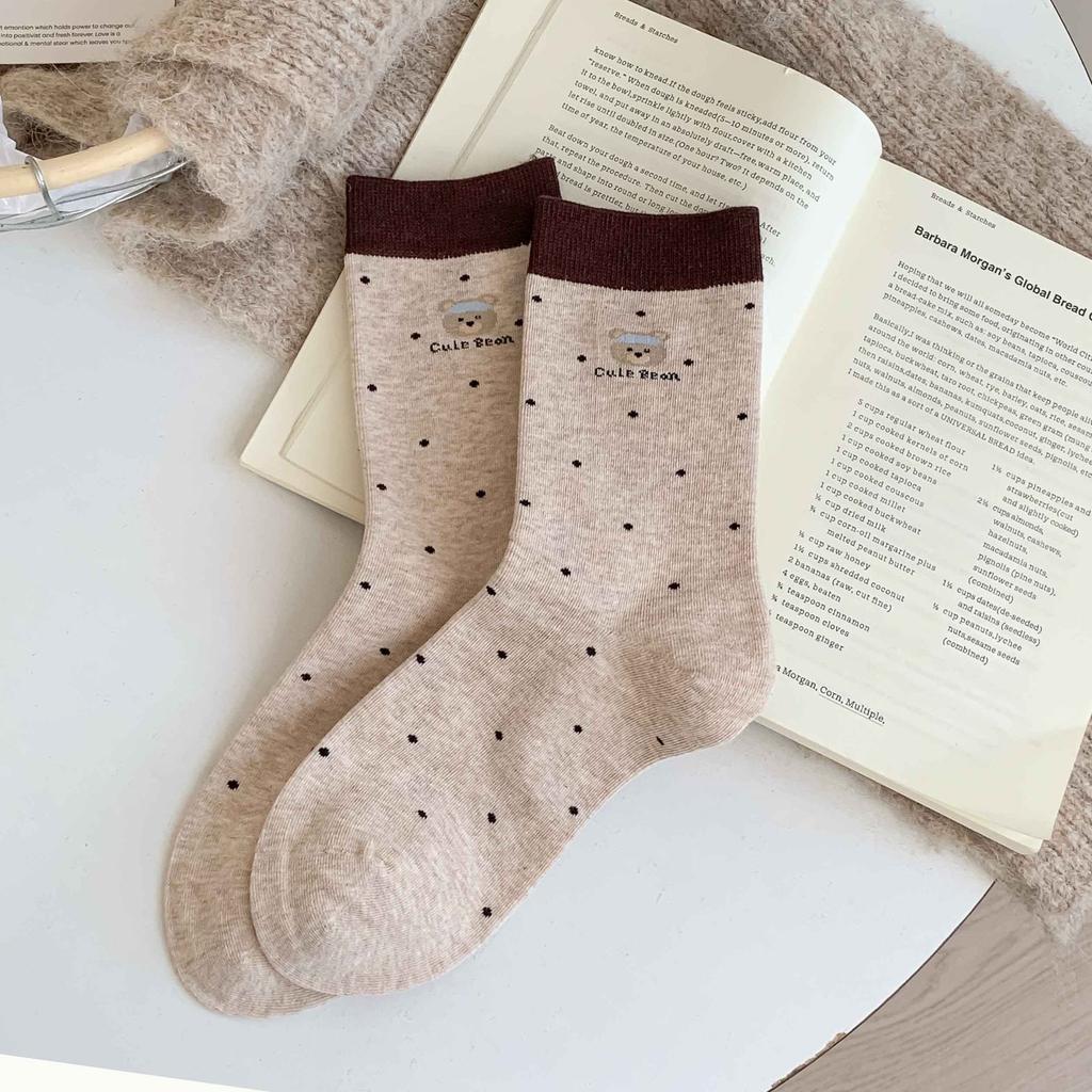 Polka Dot Striped Cartoon Bear Cloth Label Socks Internet Celebrity Maillard Coffee Color Double Mouth Contrasting Color Medium Tube Stacking Socks