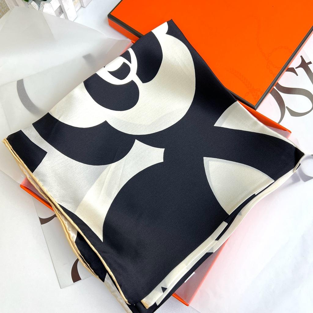 Black And White Camellia Silk Scarf Mulberry Silk Silk Satin Scarf Small Fragrant Style Large Square Scarf Sun Protection Shawl Women