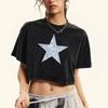 Diamond Patterned Stars Printed Women Washed T-Shirt Slim Cotton Tops Retro Fashion Tee Shirt Fitness Summer T Shirts