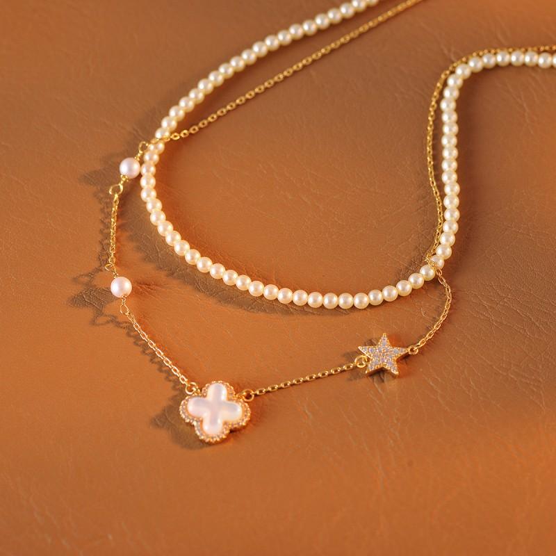 Elegant Double Layer Pearl Clover Bracelet Women Shell Inlay Copper Alloy Electroplated Korean Style Minimalist Jewelry