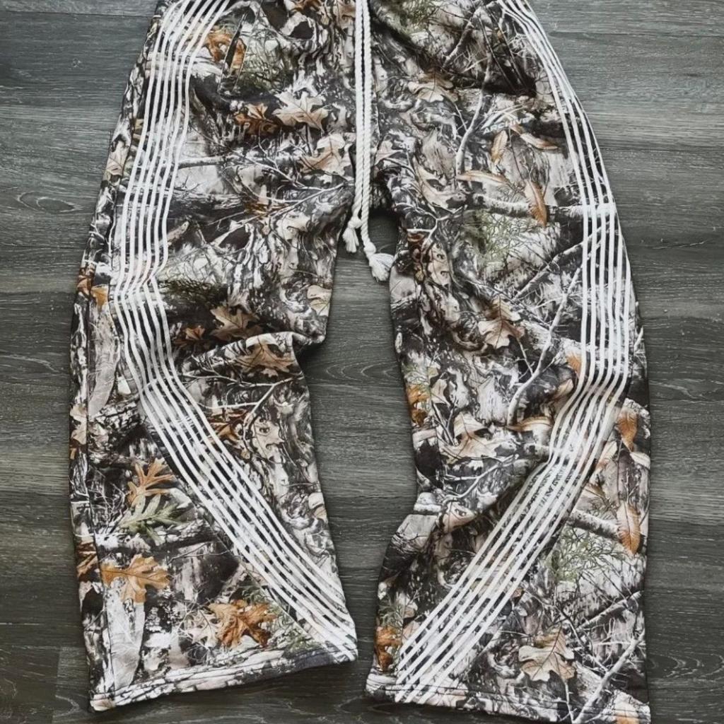 American Vintage High Street Drawstring Straight Pants Leaf Camouflage Functional Striped Wide Leg Pants Loose Casual Pants