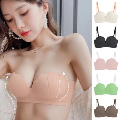 Women Invisible Bra Lady Strapless Brassiere Anti-slip Strip Push Up Gathering No Steel Ring Solid Color Back Closure Detachable Straps Underwear