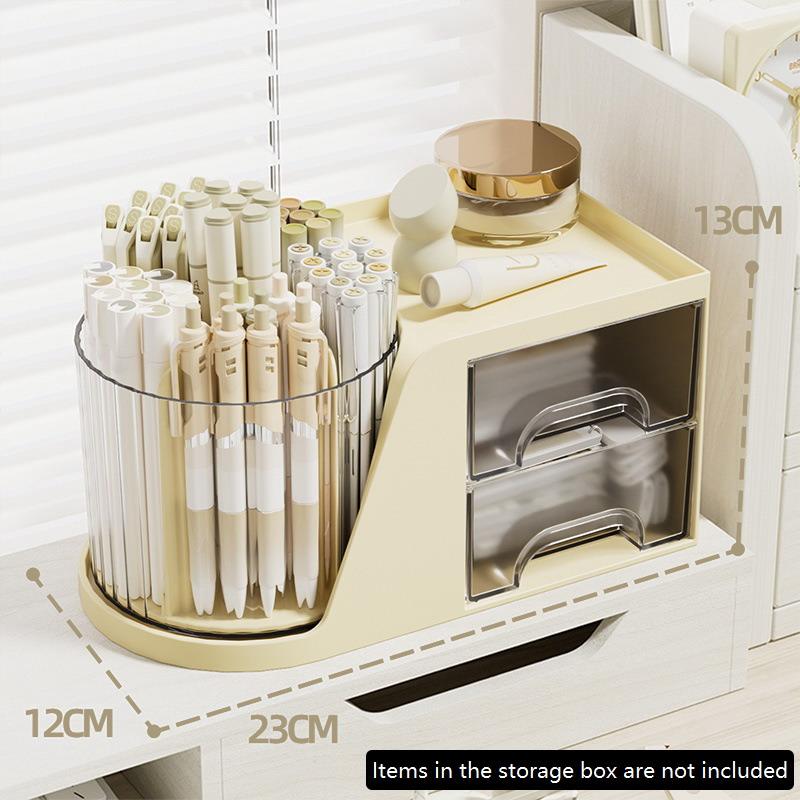 1Pc 2-in-1 Rotating Pen Holder Rotating Desktop Organizer Storage Box With Drawer Plastic Pen Holder Cosmetic Storage Box