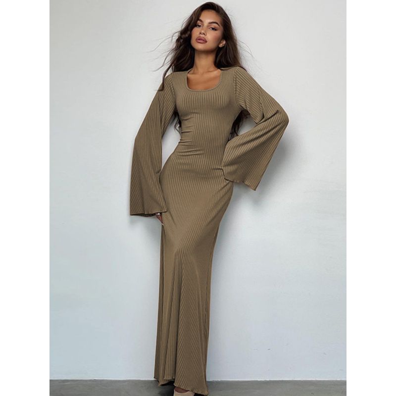 Fashion Fashion U-Collar Waist Trimming Lace Up Dress Rib Minimalist Temperament Pure Color Large Bell Sleeve Classic Dress