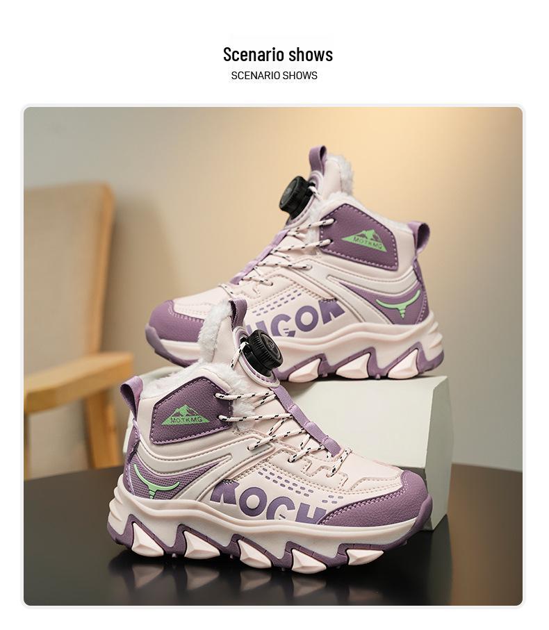 Pink Fleece-Lined High-Top Cotton Winter Boots with Rotary Laces for Older Children