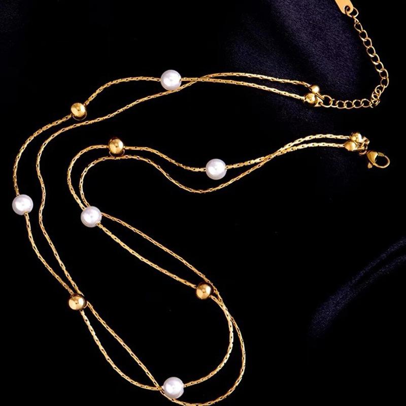 Gold Plated Pearl Station Chain Necklace, Stainless Steel Double Layer Beaded Choker, Waterproof Dainty Jewelry for Women Gift