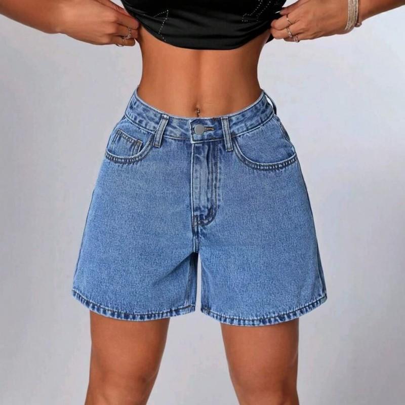 Womens High-Waisted Straight Cut Denim Shorts Non-Stretch Cotton Jeans Streetwear