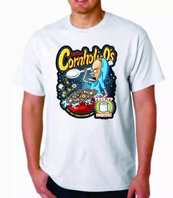BEAVIS CORNHOLO WHITE T-T-shirt CORNHOLIOS CEREAL - AND BUTTHEAD CARTOON COMEDY