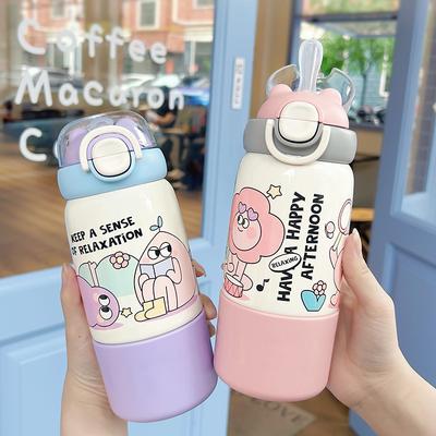 500ml Cute Cartoon Kids Insulated Water Bottle with Straw, 304 Stainless Steel Thermos for School Travel