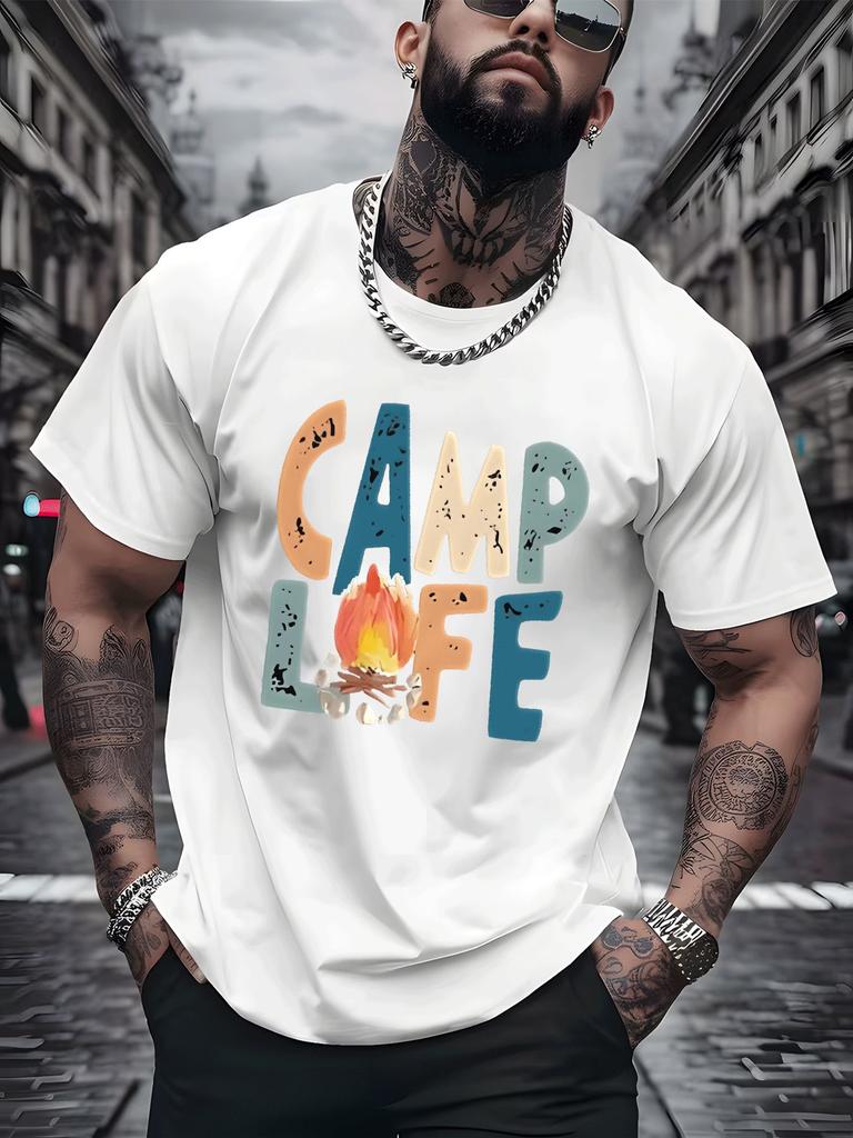 Unisexs Summer Cotton Tee Camp Life Bonfire Letter Print Crew Neck Short Sleeve Casual Loose Outdoor Streetwear Daily Fashion Tops