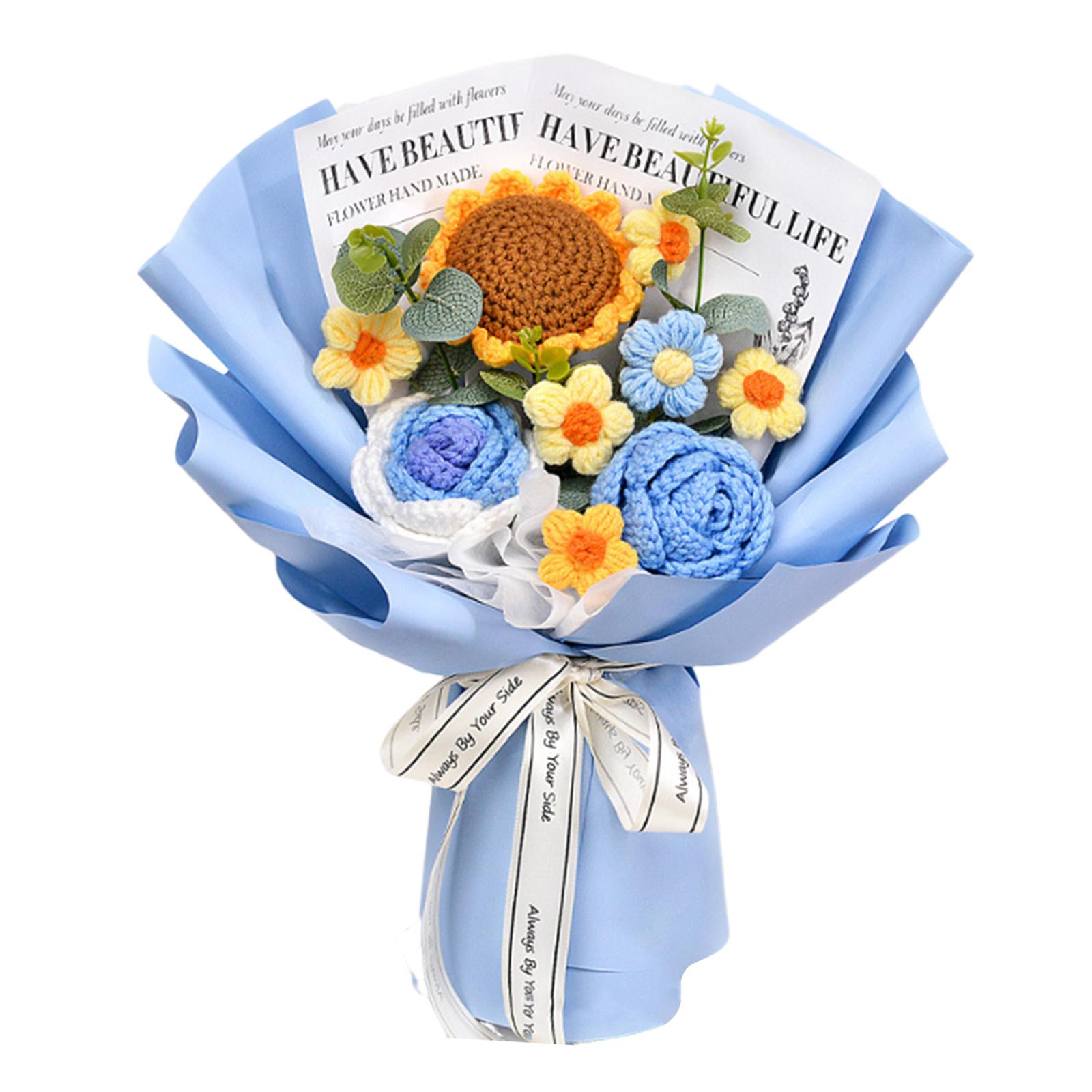 

Knitted Flowers Completed Home Decor Crochet Flower Bouquet for Valentines Day Wedding Teacher’ Day Thanksgiving Day Grandma синий