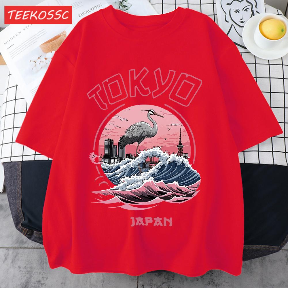 Tokyo Japan Harajuku Crane Waves Men TShirt AllMatch Casual Short Sleeve Cotton Summer Tee Male Hip Hop ONeck Streetwear