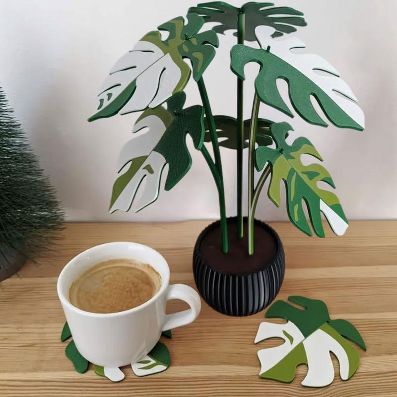 Multifunctional Faux Monstera Coasters No Drilling Required Prevents Water Rings And Heat Damage Perfect For Hot Or Cold Drinks