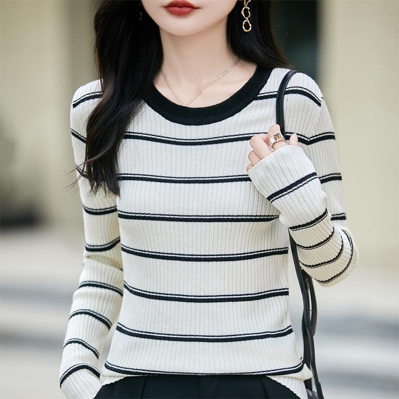 Dámské francouzské pruhované pleteniny s barevnými bloky: Svetr základní vrstvy s dlouhým rukávem a slim fit v korejském stylu